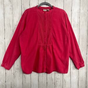L.L. Bean Pink Corduroy Cotton Button Front Long Sleeve Pleated Tunic Blouse XL